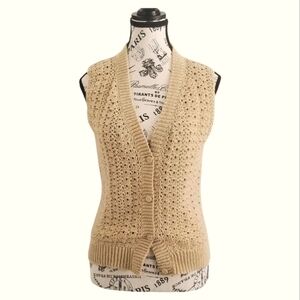 Vintage Handmade Cream Beige Crochet Knit Vest Size Small Boho